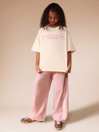 SUMWON Tween Oversized T-Shirt And Wide Leg Sweatpants Co-Ord Set With Design Studios Print For Casual Comfort