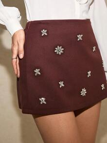 Poéselle Váy ngắn thanh lịch đính đá hoa cho nữ - Màu Đỏ Sâu - Xem 2