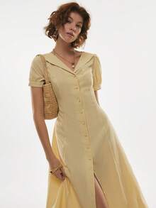 Poéselle 女士休闲条纹纽扣连衣裙，夏季 - 淡黃色 - 查看 3