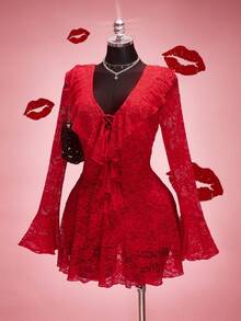 SHEIN ICON 大码女式红色网纱V领荷叶边迷你连衣裙，情人节风格，Y2K时尚，适合秋季、约会和性感穿着。优雅女式秋季连衣裙。 - 紅色 - 查看 5