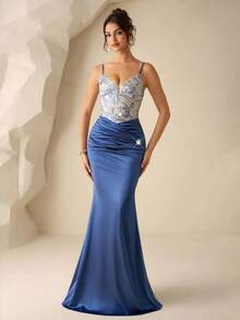 Coutiva Women's Sequin Pleated Mermaid Hem Fitted Formal Evening Gown - Dusty Blue - View 6