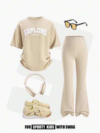 JNSQ Tween Girls 2-delat set: Lös tröja med rund hals och kortärmad passform och åtsittande utsvängda yogabyxor, lämplig för vår/sommar utomhusaktiviteter, casual, semester, streetstyle och fritid