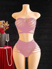 情人节女士性感镂空网纱露脐上衣两件套 - 粉色 - 查看 3