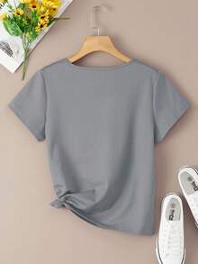 INAWLY Solid V Neck Tee - Grey - View 2