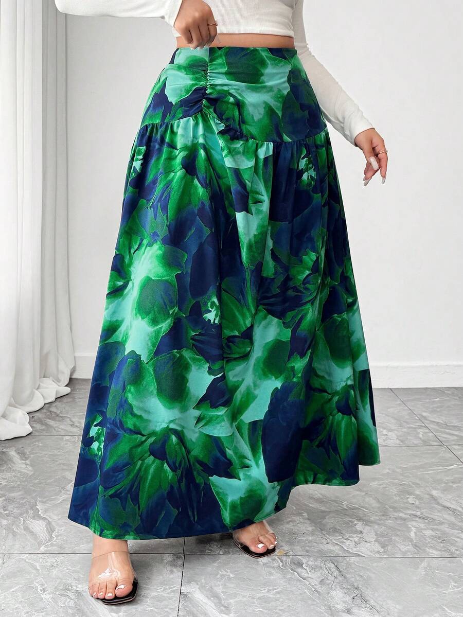 Elenzga 女士优雅扎染极简印花褶皱腰身半身裙，春秋季 - 藍色 - 查看 1