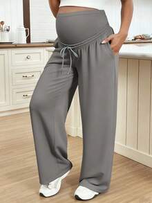 SHEIN Pantalones casuales y versátiles de unicolor para maternidad - Gris - Ver 4