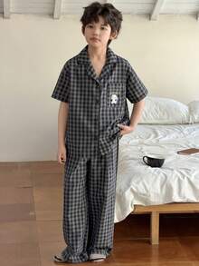 DAZY Tween Boy Letter Print Plaid Short Sleeve Single-Breasted Pocket Top And Pants Pajama Set - Grey - View 7