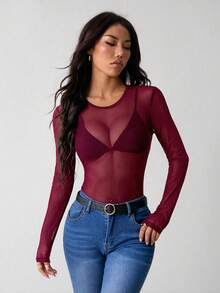 SHEIN PETITE 透视网纱连体衣，不含内衣 - 酒紅色 - 查看 6