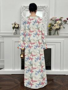 Yasmyna Butterfly Print V-Neck Long Sleeve Loose Arabic Style Dress - Multicolor - View 9