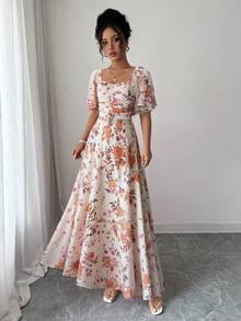 Modelyn 女士雪纺蝴蝶印花蝙蝠袖褶皱甜美法式夏季连衣裙 - 彩色 - 查看 6