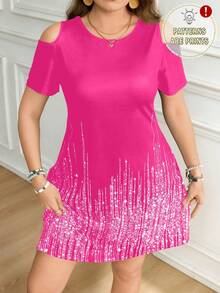 SHEIN LUNE 女士休闲亮片露肩短袖连衣裙，适合办公室穿着，夏季款 - 玫紅色 - 查看 1