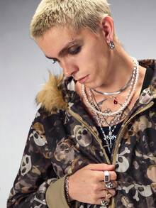 ROMWE MEN 男士秋冬毛绒骷髅印花休闲连帽卫衣 - 彩色 - 查看 8