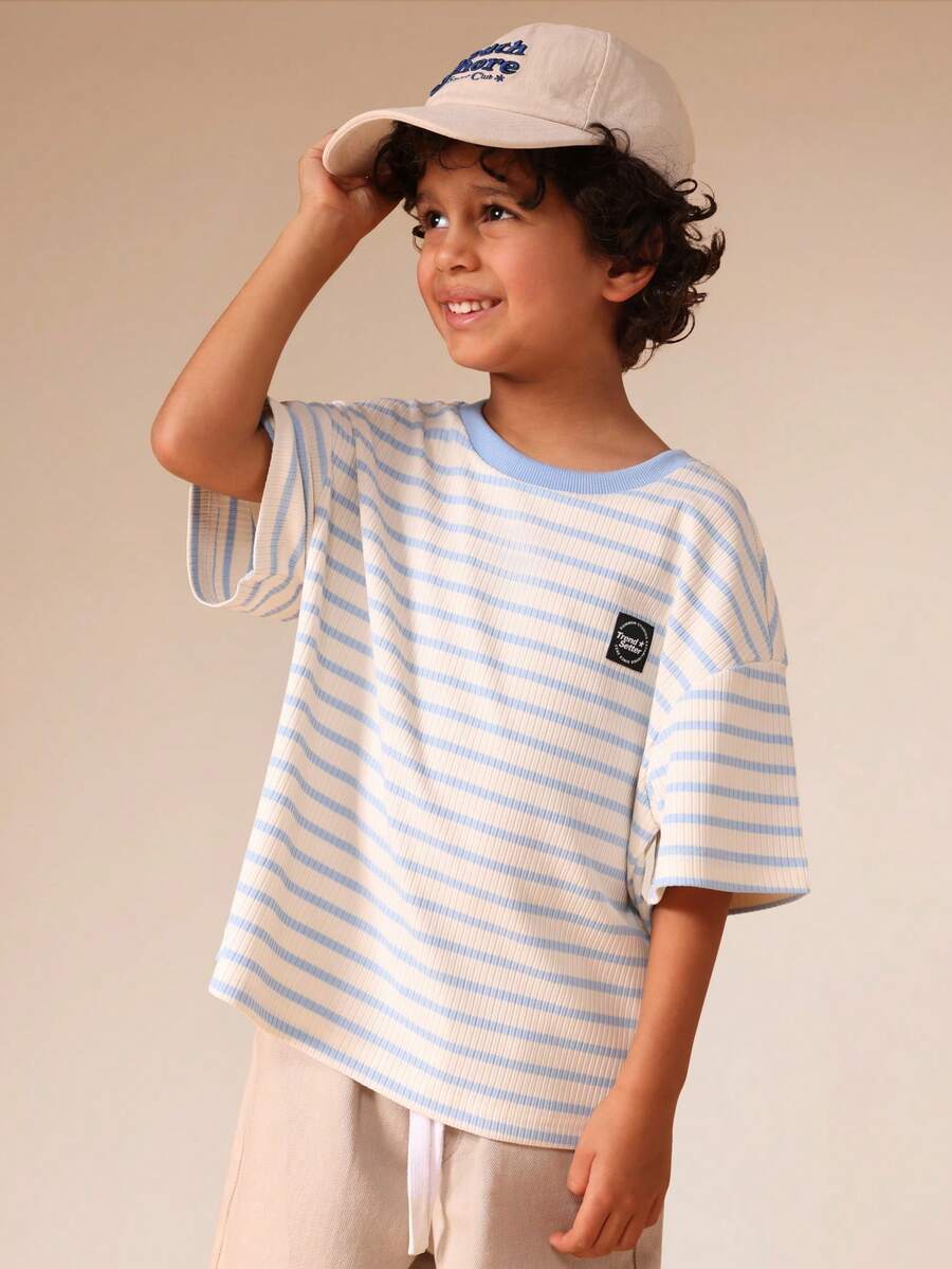 SUMWON Boys Ribbed Ringer Short Sleeve Striped Crew Neck Summer Casual T-Shirt With Logo Patch Vacation - Blue and White - View 1