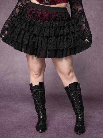 Goth Gonna corta a strati con balze in pizzo jacquard stile gotico vintage, gonna mini di taglia grande, gonna da donna per Natale