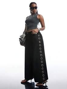 SHEIN EZwear Quần ống rộng dáng rộng màu trơn thiết kế khoét túi cỡ lớn dành cho nữ, quần Palazzo màu đen, quần khoét lỗ, quần có dây rút, quần dài màu đen dành cho nữ - màu đen - Xem 2