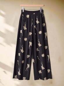 Rusticease Quần nữ đen dáng rộng, cạp chun, thêu hoa, thích hợp mặc hàng ngày, mùa đông, năm mới, dự tiệc, đi nghỉ mát. - màu đen - Xem 2