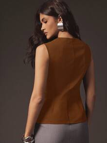Hauture Women's Sexy Office Casual Front Zip With Peplum Structured Tailored Sleeveless Top - Brown - View 3