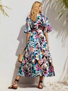 Vestido De Mujer Con Estampado Total Colocadas,Vestido Largo De Mangas Corta Con Cinturón De Tela - Azul - Ver 2