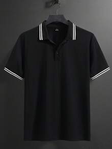 Manfinity Homme Men's Casual/Office Versatile Contrast Striped Trim Short Sleeve Polo Shirt, Summer - Black - View 3