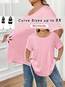 SHEIN CURVE+ Áo thun tay ngắn màu trơn cỡ lớn, thường ngày, mùa hè - Hồng - Xem 1