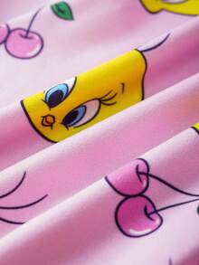 LOONEY TUNES X SHEIN 2 件套女婴卡通小鸟和樱桃印花粉色可爱甜美风格长袖 T 恤和紧身裤睡衣套装