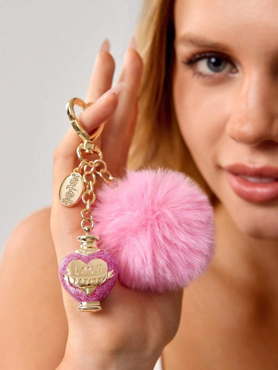 HARRY POTTER X SHEIN Fashionable Acrylic Beads Zinc Alloy Shiny Love Potion Pendant Keychain Luxury Refined Bag Charms, Souvenirs, Collectibles, Gold & Pink,For Gifts, Wallets, School Bags, Backpacks,Car Accessories,Valentine's Day, Back To School - Pink purple - View 1