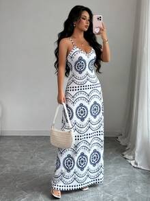 SHEIN PETITE Women's Casual Vacation Perris Print Adjustable Spaghetti Strap V-Neck Dress, Blue & White, Romantic - Blue and White - View 1