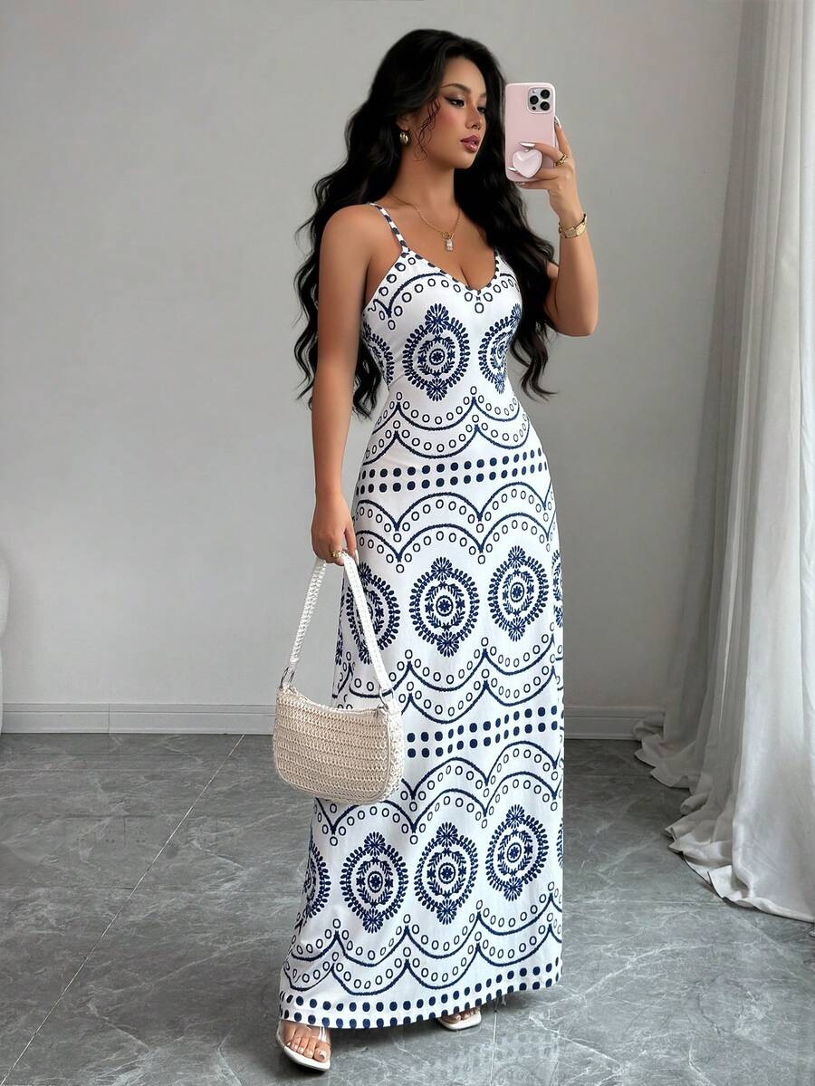 SHEIN PETITE Women's Casual Vacation Perris Print Adjustable Spaghetti Strap V-Neck Dress, Blue & White, Romantic - Blue and White - View 1