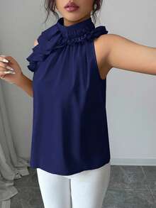 Balvessa Ruched Sleeveless Blouse, Intellectual And Elegant - Navy Blue - View 5