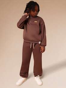 SUMWON Funnel Neck Half Zip Sweatshirt And Jogger Co-Ord Set With Centre Pocket Elastic Cuff Winter Comfort Wear Casual Vacation - Brown - View 7
