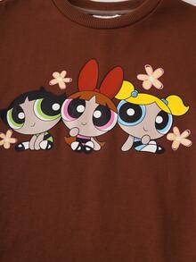 THE POWERPUFF GIRLS X SHEIN Young Girl Cute Cartoon Pattern Plaid Patchwork Dress, Autumn - Coffee - View 5