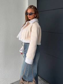 Jeta Ari Women's Short Fur Collar Pu Leather Jacket In Fall/Winter - Apricot - View 4