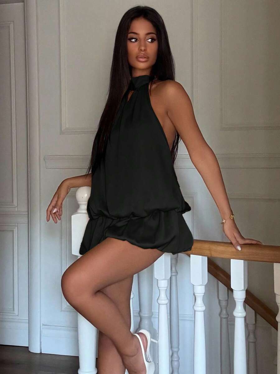 Ronhire Women's Spring And Summer Yellow Solid Color Bestie Party/Cocktail Dress/Back To School Season/Birthday Party/Club Party/Satin Gathered Sexy Big Backless Balloon Bud Skirt Culottes Style Halter Neck Fashion Mini Dress/Yellow Mini Skirt/Concert Wear/Vacation Outfits Woman,Summer Dresses For Women,Yellow Dress,Spring Break Outfits,Tea Party Dress,Rave Outfits Festival