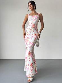 Firerie 女士优雅浪漫时尚通勤性感优雅连衣裙，适合派对、度假、浪漫约会和婚礼生日等场合，花卉印花垂褶领口美人鱼下摆修身长裙