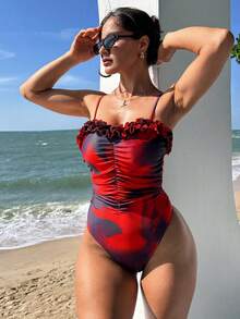Swim SXY Bộ bikini liền thân Bonvoyette-D màu đỏ đen họa tiết hoa nhuộm tie-dye, kiểu dáng bèo nhún, dây buộc cổ, thích hợp mặc đi biển, mùa xuân/hè. - Nhiều màu - Xem 4