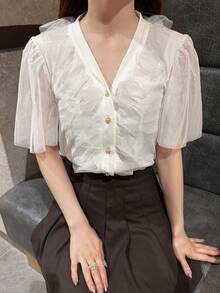 FRIFUL Women's Elegant Commuter Ruffle Trim Mesh T-Shirt, Summer - White - View 1