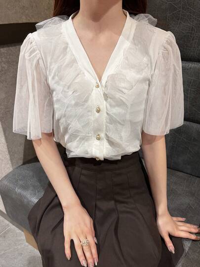 FRIFUL Women's Elegant Commuter Ruffle Trim Mesh T-Shirt, Summer