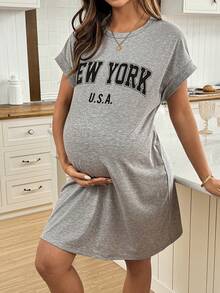 SHEIN 夏季孕妇休闲字母印花蝙蝠袖连衣裙 - 灰色 - 查看 9