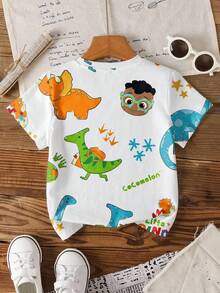 CoComelon X SHEIN 男婴休闲可爱恐龙印花圆领短袖上衣，夏季 - 白色 - 查看 2
