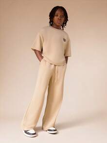 SUMWON Oversized Crew Neck Short Sleeve T Shirt And Wide Leg Sweatpants Set With Logo Print For Boys Casual Vacation - Khaki - View 2