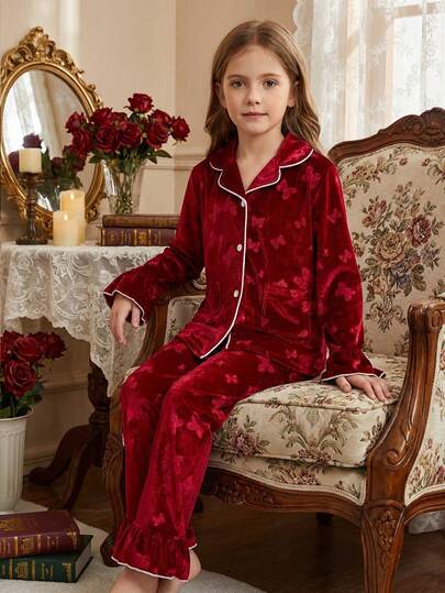 Tween Girls Velvet Loungewear Set - Burgundy Butterfly Print Velvet Loungewear 2-Piece Set Butterfly Print Design Burgundy Luxury Color Lapel Long Sleeve Top Pants Velvet 2-Piece Combo Social Media Style Luxury 2026 New Year Holiday Essential Autumn Winter Tween Girls Butterfly Print Velvet Loungewear Set Red Silk Pajamas Red Pajama Set
