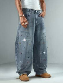 ROMWE MEN Street Life Pantalones de hombre con piernas curvas y adornos de rhinestones de colores únicos - Azul - Ver 3