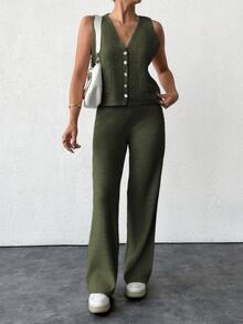 EURMUSE 2pcs Knitted Solid V-Neck Button Front Vest And Pants Sweater Set - Army Green - View 3