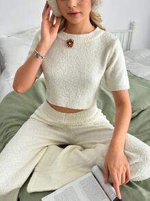 EURMUSE Cream Textured Knit Crop Top & Midi Skirt Two Pieces Set - Apricot - View 7