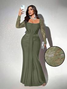 Viva Relle 大码女士纯色方领灯笼袖连衣裙，浪漫百搭，适合婚礼宾客、毕业典礼、舞会、节日、生日、教堂礼拜、夜间外出、派对等场合。 - 綠色 - 查看 6