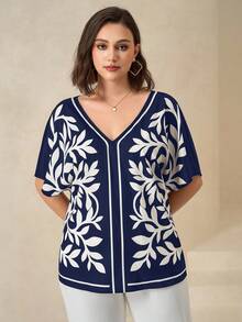 Chikora Plus Size Elegant Floral Print V-Neck Short Sleeve Shirt, Summer, Summer Tops - Navy Blue - View 3