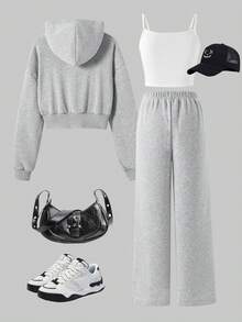 SHEIN 3件套青少年女孩服裝：純色拉鍊外套 + 吊帶背心 + 寬腿褲，適合日常、通勤及秋冬校園穿搭 - 灰色 - 查看 5