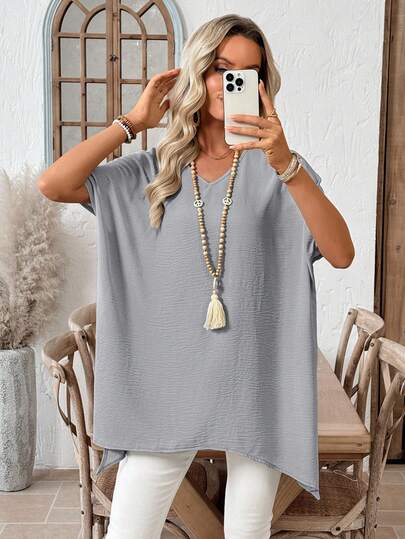 EMERY ROSE 女士纯色V领蝙蝠袖短袖不对称下摆宽松休闲衬衫