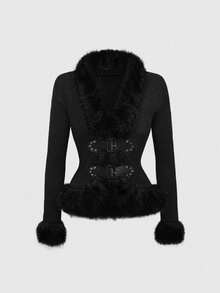 ROMWE Áo khoác cardigan dáng vintage phong cách hippie, chất liệu lông xù, dành cho nữ. - màu đen - Xem 1