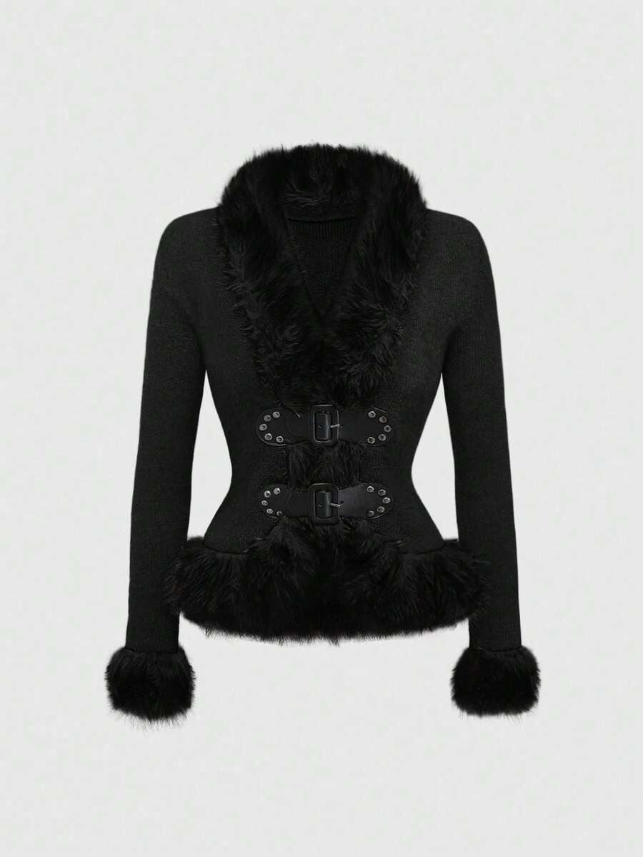 ROMWE Áo khoác cardigan dáng vintage phong cách hippie, chất liệu lông xù, dành cho nữ. - màu đen - Xem 1